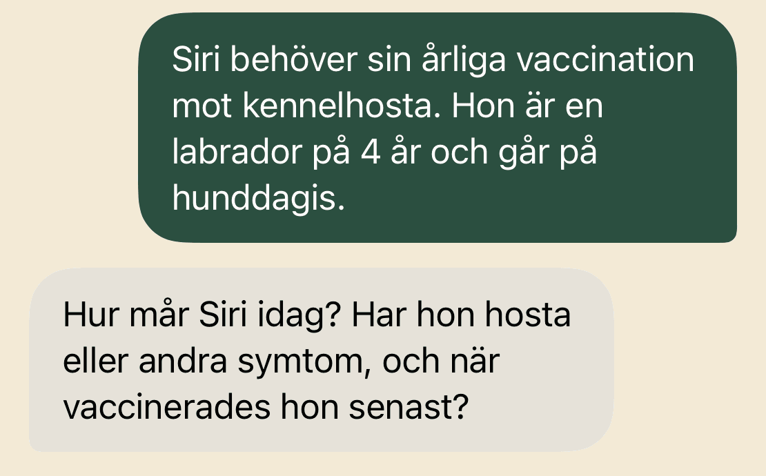 Exempel i VetyFinders iOS-app: en dialog med Vårdkompassen om Siris vaccination.