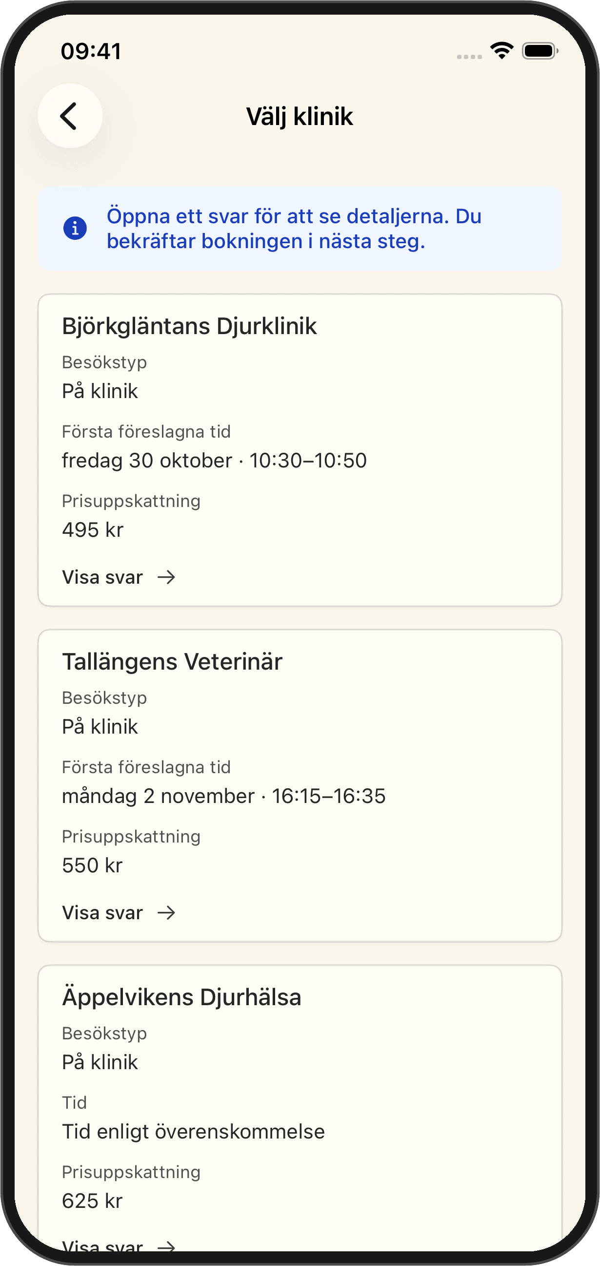 Exempel i VetyFinders iOS-app: en hundvaccination med prisförslag och föreslagna tider från flera kliniker.