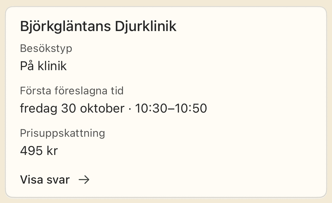 Exempel i VetyFinders iOS-app: en kliniks prisförslag och föreslagna tid för en vaccination.