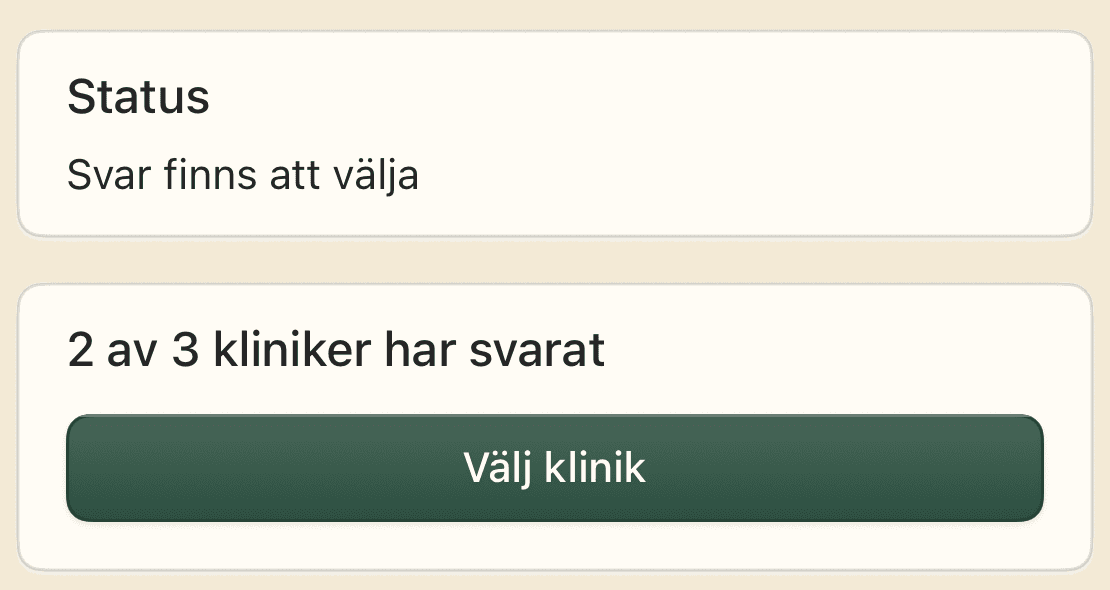 Exempel i VetyFinders iOS-app: två av tre kliniker har svarat på Siris vaccinationsärende.