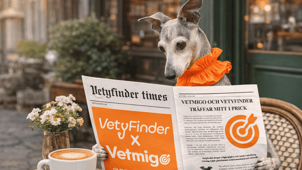 Två händer möts i ett handslag framför en färgstark bakgrund med Vetmigo och VetyFinder.